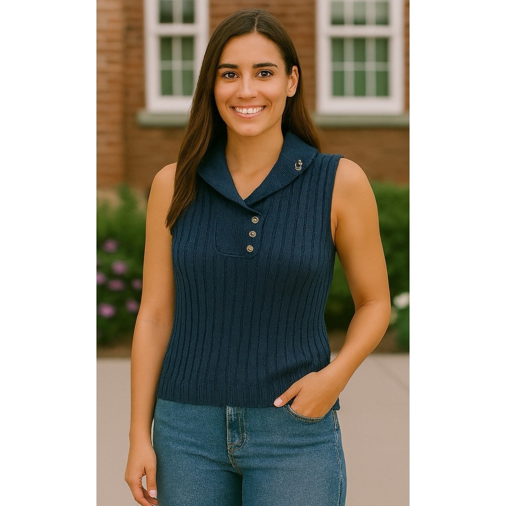 Womens Blue Med Lauren Jeans Co Linen Cotton Blend Sleeveless Sweater Navy Prepp